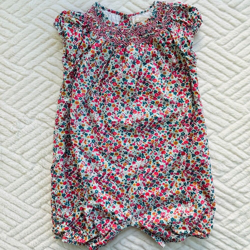 John Lewis Baby Girls 12-18M Pink Floral Smocked Cotton Bubble Romper Outfit